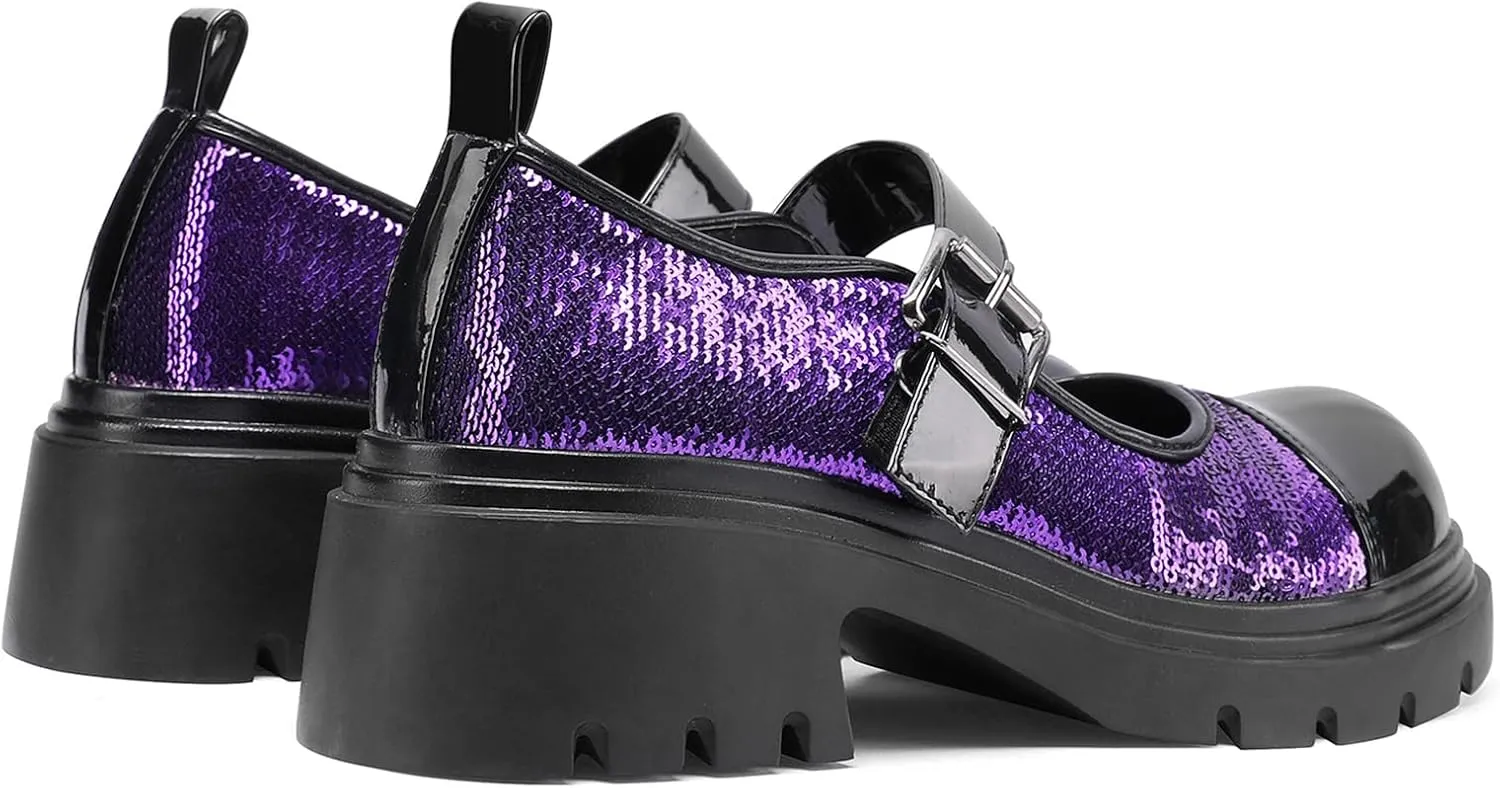Cute Mary Jane Heels Women Sequin Cap Toe Low Heels School Shoes Chunky Mary Janes with Strap