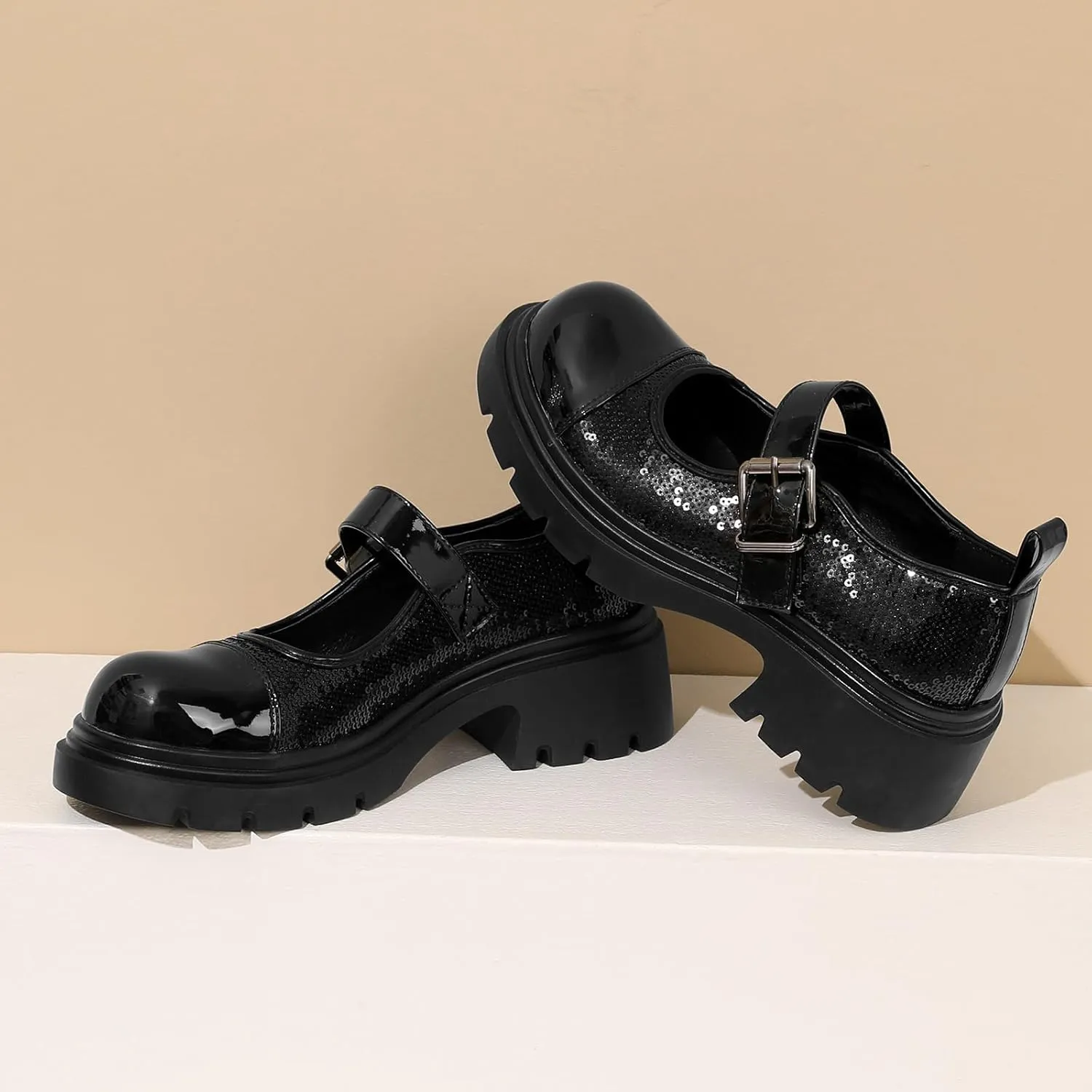Cute Mary Jane Heels Women Sequin Cap Toe Low Heels School Shoes Chunky Mary Janes with Strap