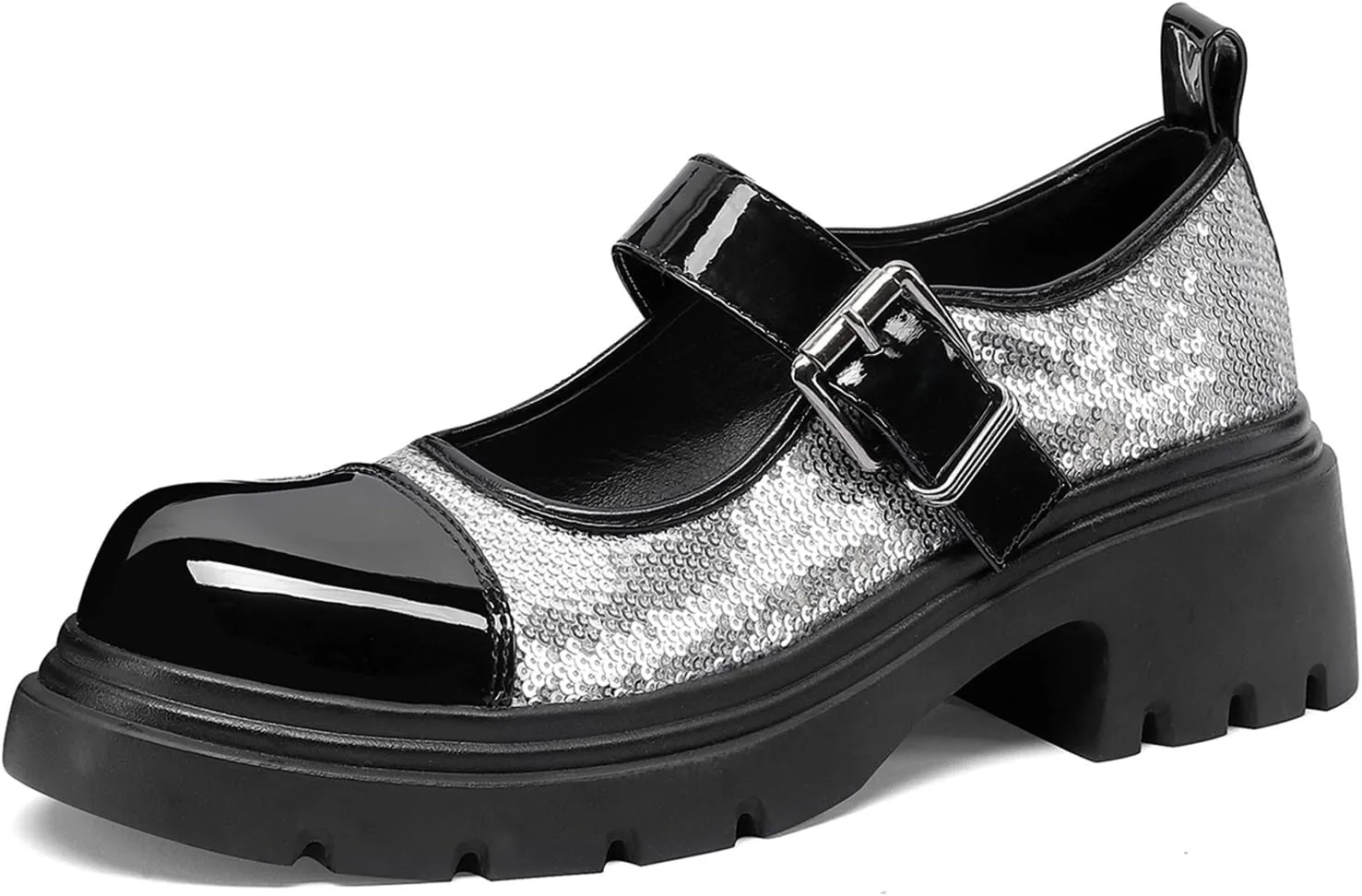 Cute Mary Jane Heels Women Sequin Cap Toe Low Heels School Shoes Chunky Mary Janes with Strap