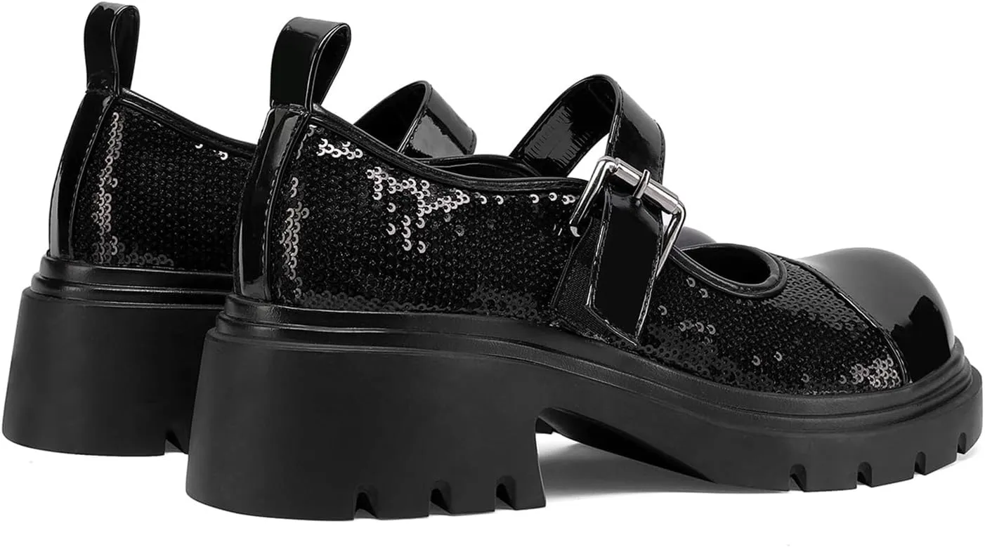 Cute Mary Jane Heels Women Sequin Cap Toe Low Heels School Shoes Chunky Mary Janes with Strap