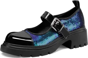 Cute Mary Jane Heels Women Sequin Cap Toe Low Heels School Shoes Chunky Mary Janes with Strap