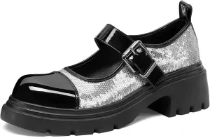 Cute Mary Jane Heels Women Sequin Cap Toe Low Heels School Shoes Chunky Mary Janes with Strap