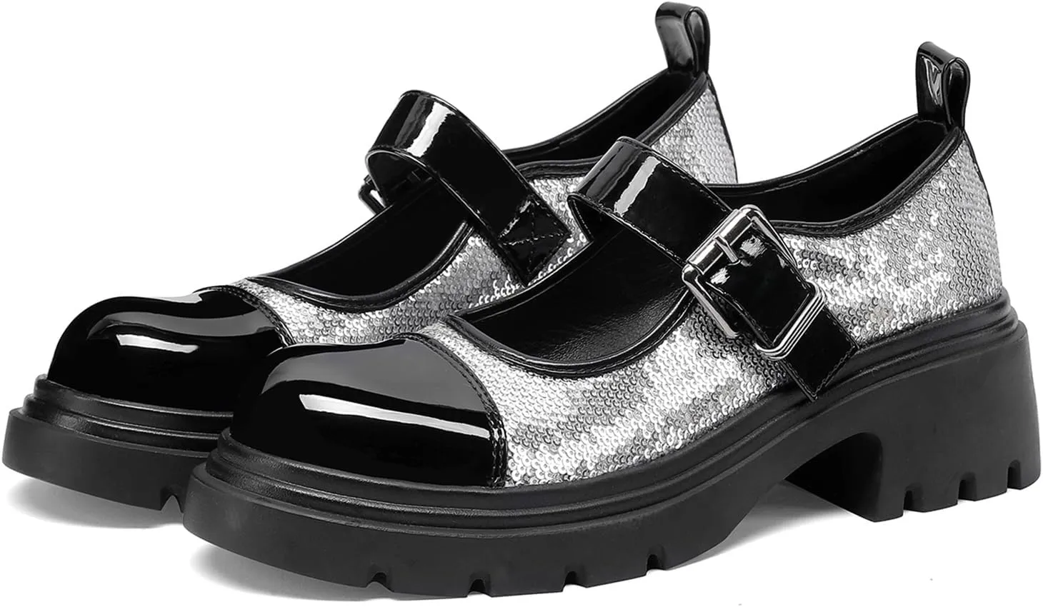 Cute Mary Jane Heels Women Sequin Cap Toe Low Heels School Shoes Chunky Mary Janes with Strap