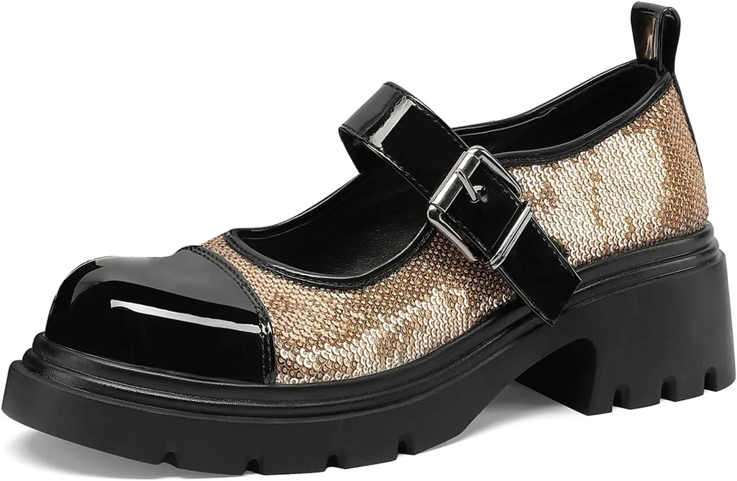 Cute Mary Jane Heels Women Sequin Cap Toe Low Heels School Shoes Chunky Mary Janes with Strap