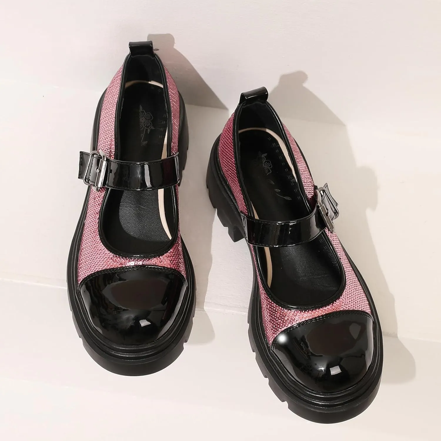 Cute Mary Jane Heels Women Sequin Cap Toe Low Heels School Shoes Chunky Mary Janes with Strap