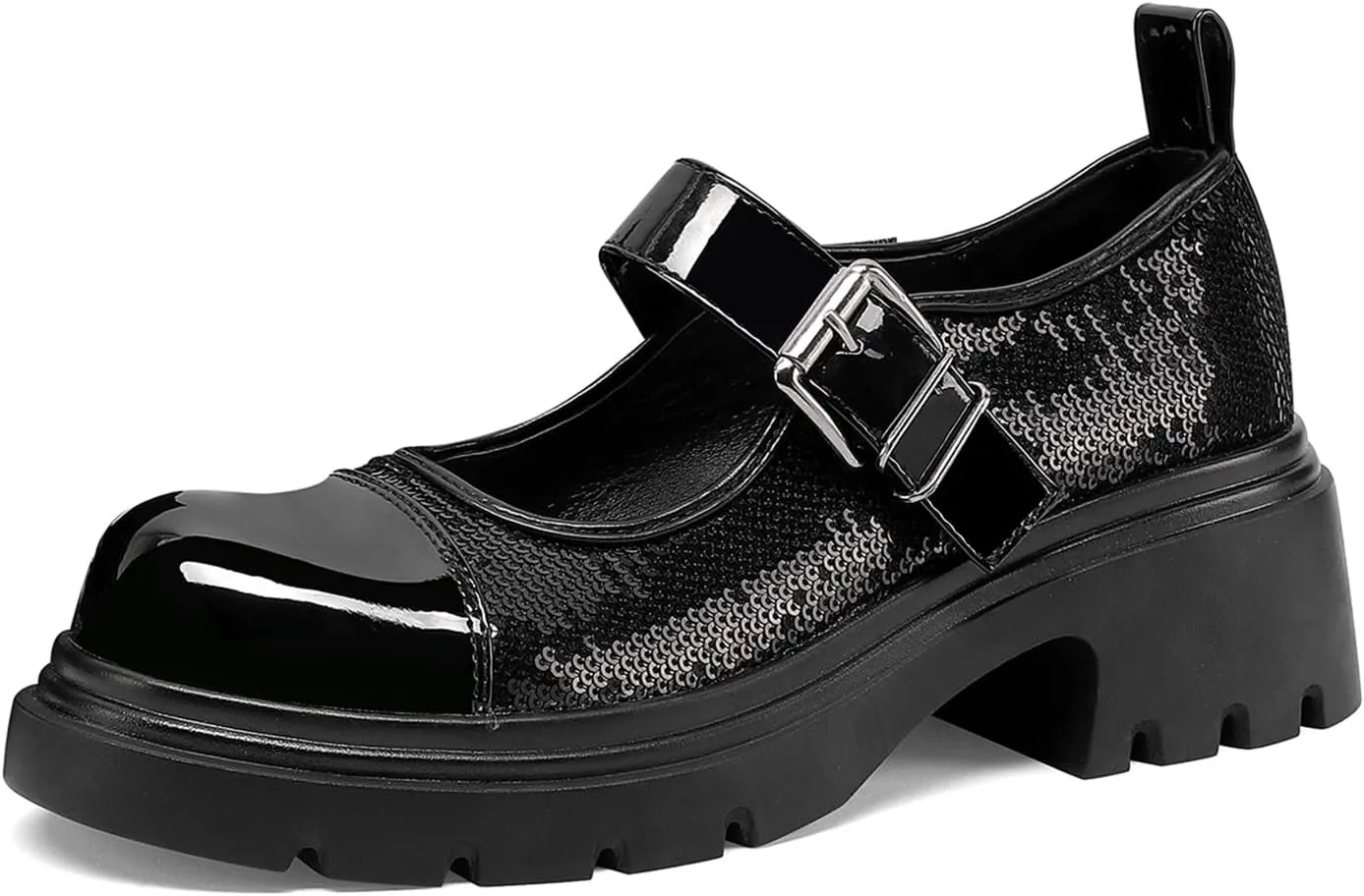 Cute Mary Jane Heels Women Sequin Cap Toe Low Heels School Shoes Chunky Mary Janes with Strap