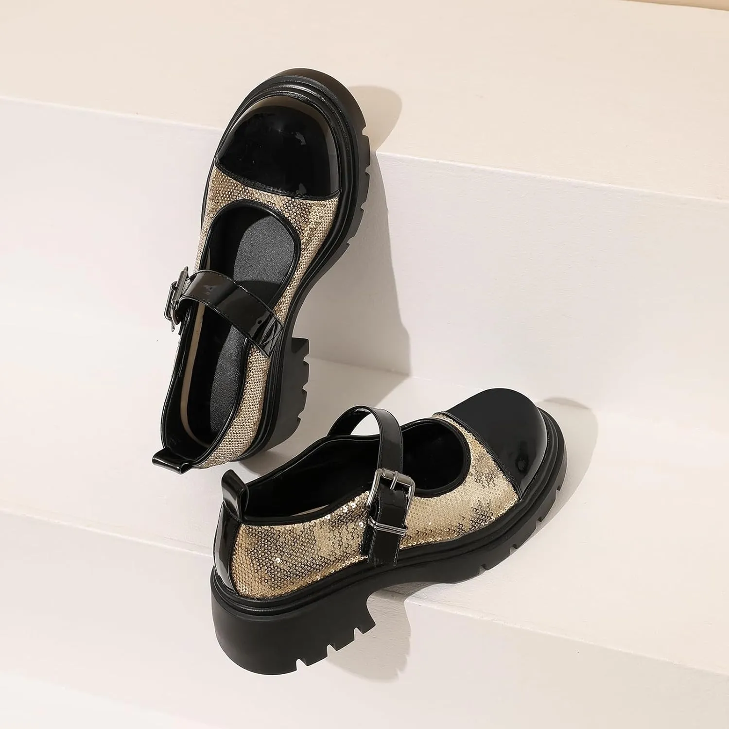 Cute Mary Jane Heels Women Sequin Cap Toe Low Heels School Shoes Chunky Mary Janes with Strap