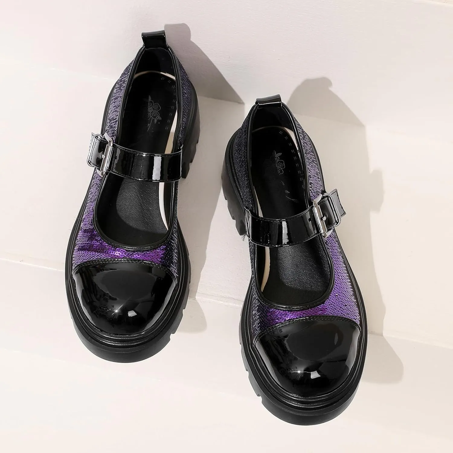 Cute Mary Jane Heels Women Sequin Cap Toe Low Heels School Shoes Chunky Mary Janes with Strap
