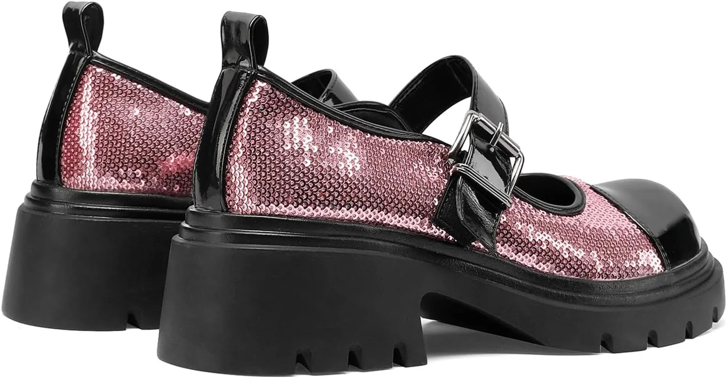 Cute Mary Jane Heels Women Sequin Cap Toe Low Heels School Shoes Chunky Mary Janes with Strap