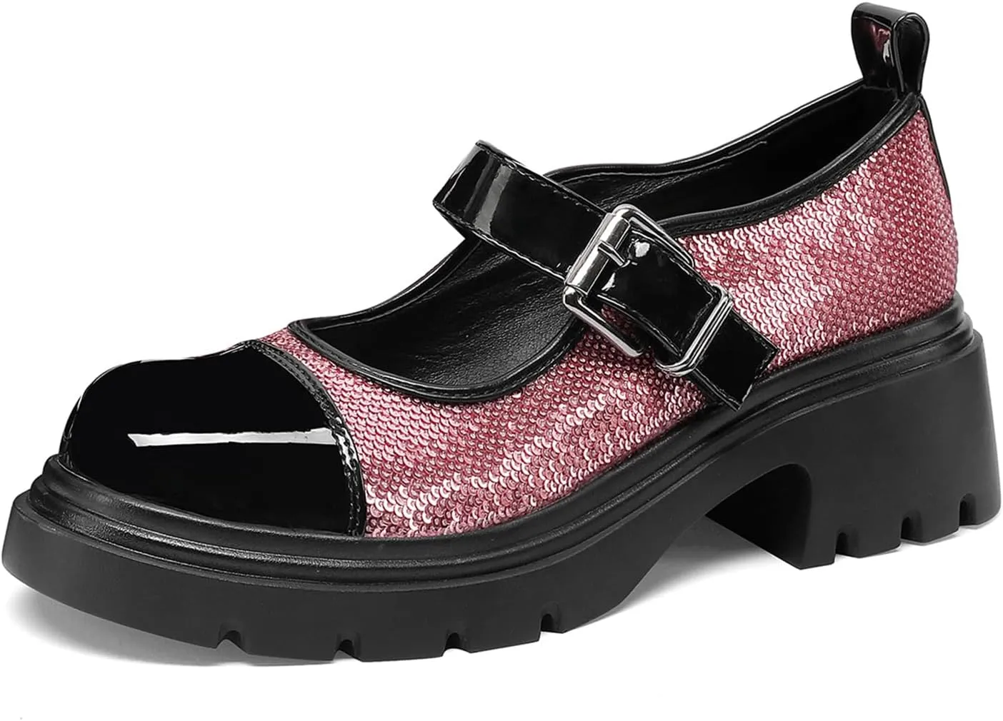 Cute Mary Jane Heels Women Sequin Cap Toe Low Heels School Shoes Chunky Mary Janes with Strap