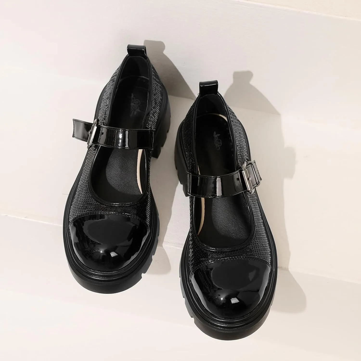 Cute Mary Jane Heels Women Sequin Cap Toe Low Heels School Shoes Chunky Mary Janes with Strap