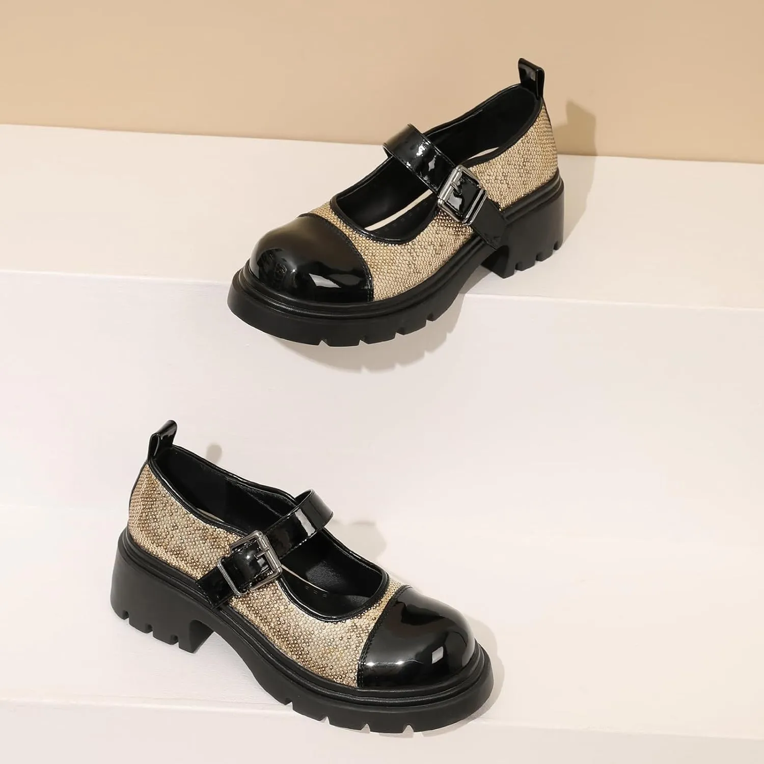 Cute Mary Jane Heels Women Sequin Cap Toe Low Heels School Shoes Chunky Mary Janes with Strap