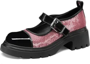 Cute Mary Jane Heels Women Sequin Cap Toe Low Heels School Shoes Chunky Mary Janes with Strap