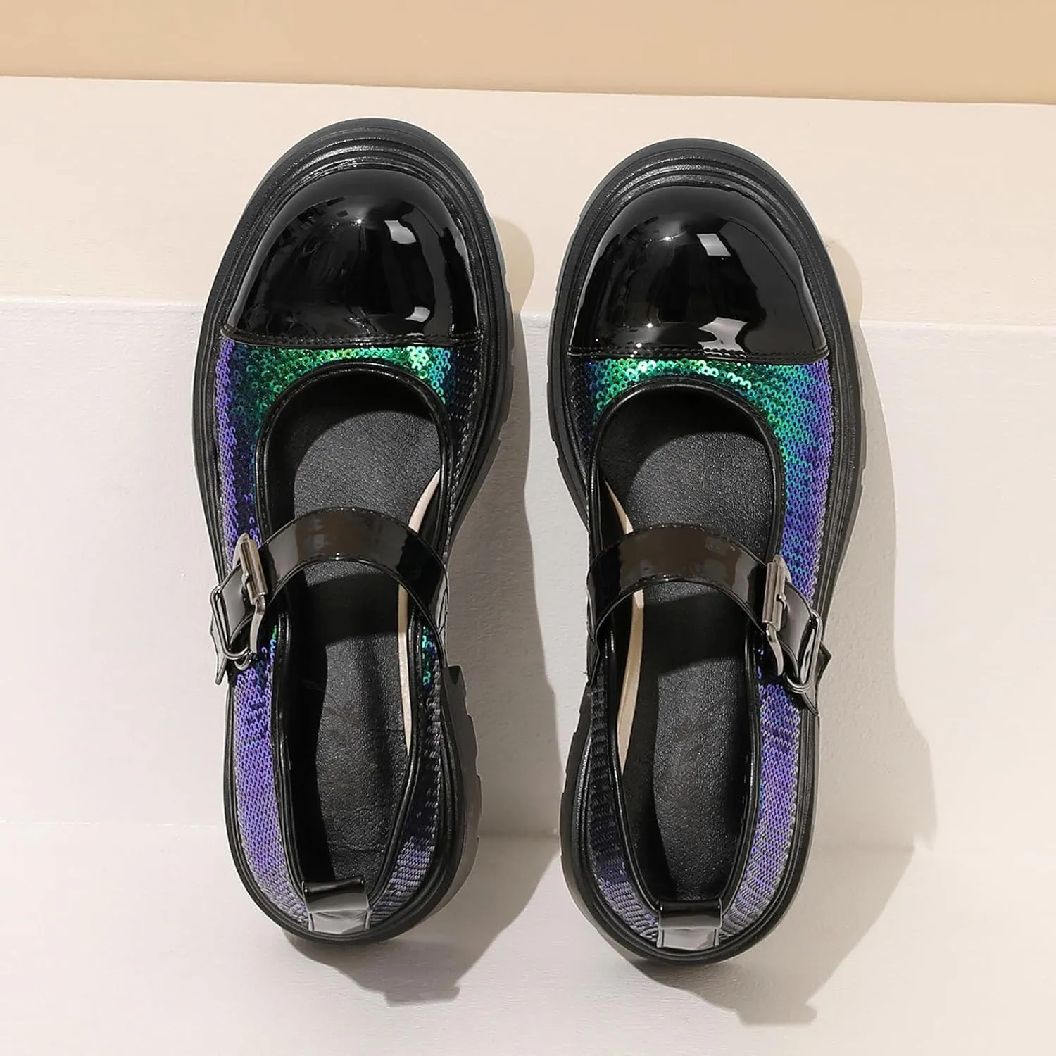 Cute Mary Jane Heels Women Sequin Cap Toe Low Heels School Shoes Chunky Mary Janes with Strap