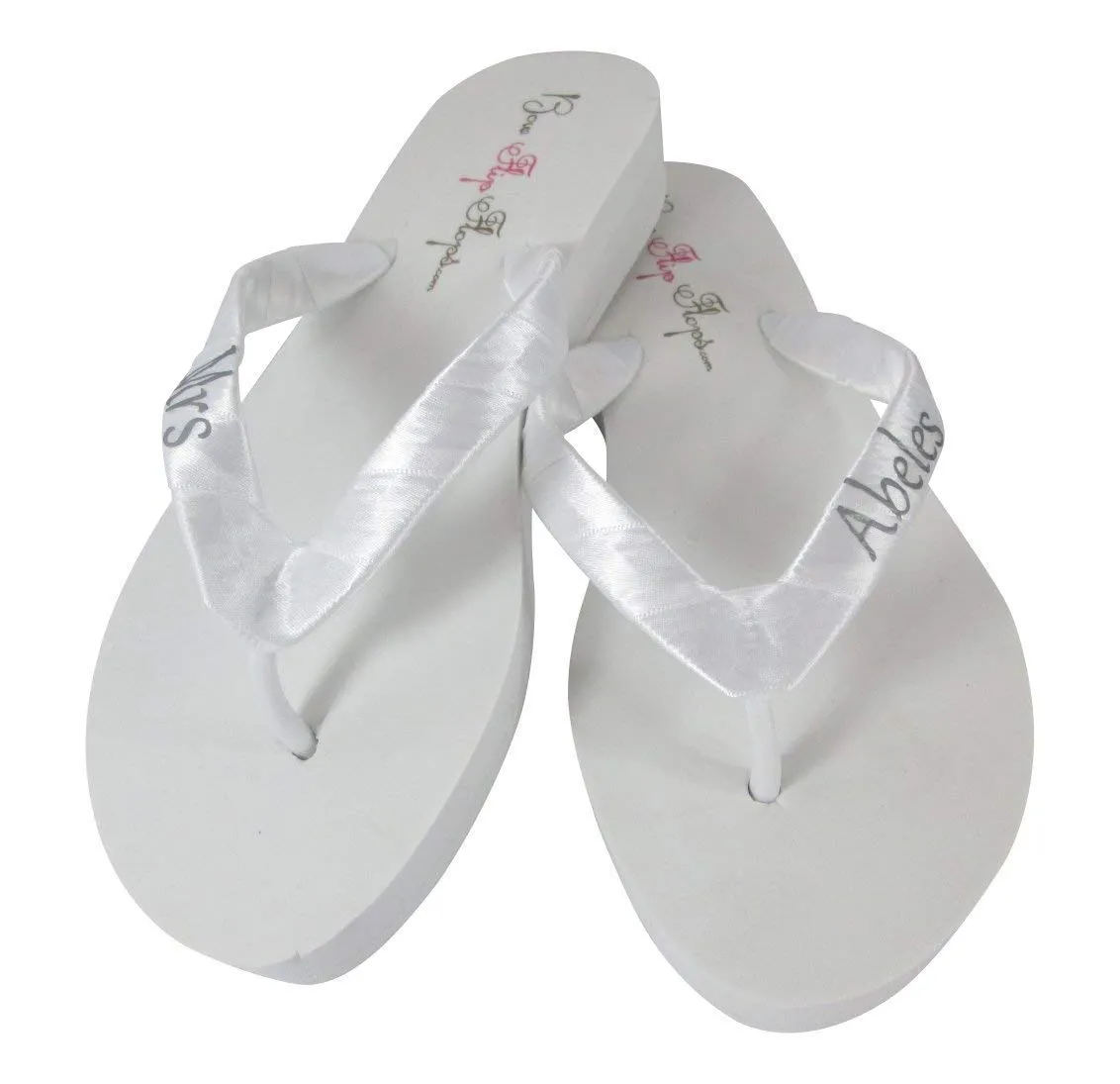 Cute Silver and White Personalized Flip Flops for Bride's Wedding Reception Shoes