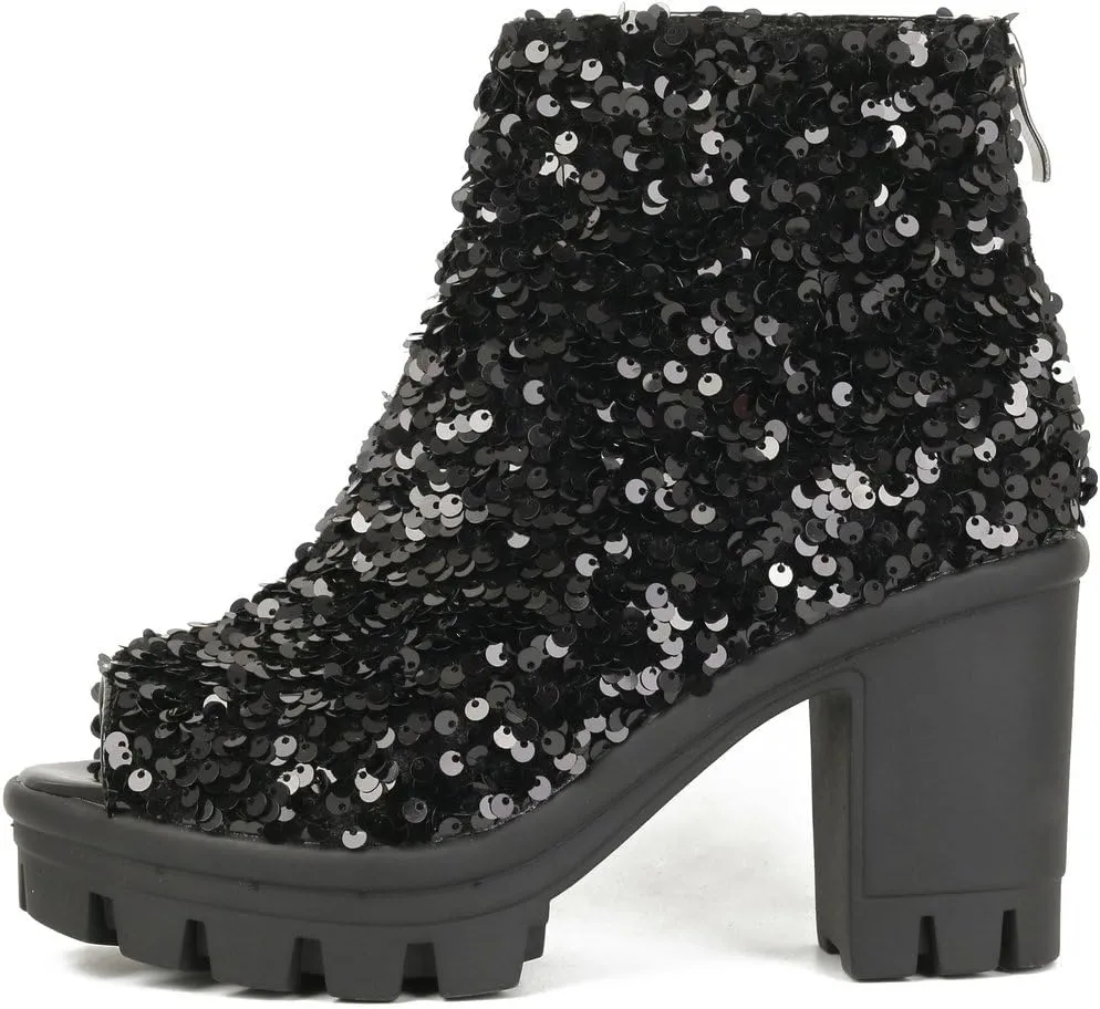 DINTAHA Sparkly Open Toe Booties Platform Peep Toe High Heel Ankle Boots Sequin Glitter Combat Boots