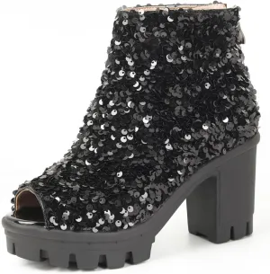 DINTAHA Sparkly Open Toe Booties Platform Peep Toe High Heel Ankle Boots Sequin Glitter Combat Boots