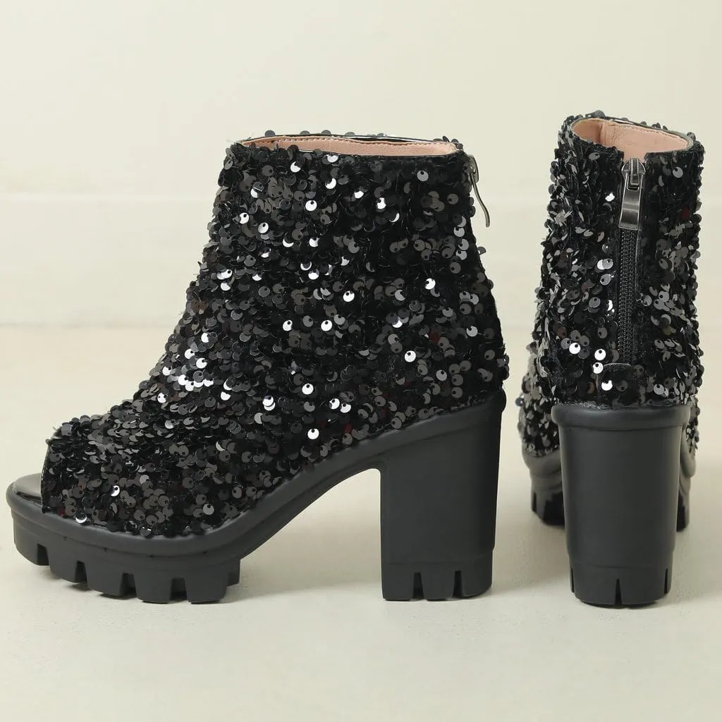 DINTAHA Sparkly Open Toe Booties Platform Peep Toe High Heel Ankle Boots Sequin Glitter Combat Boots