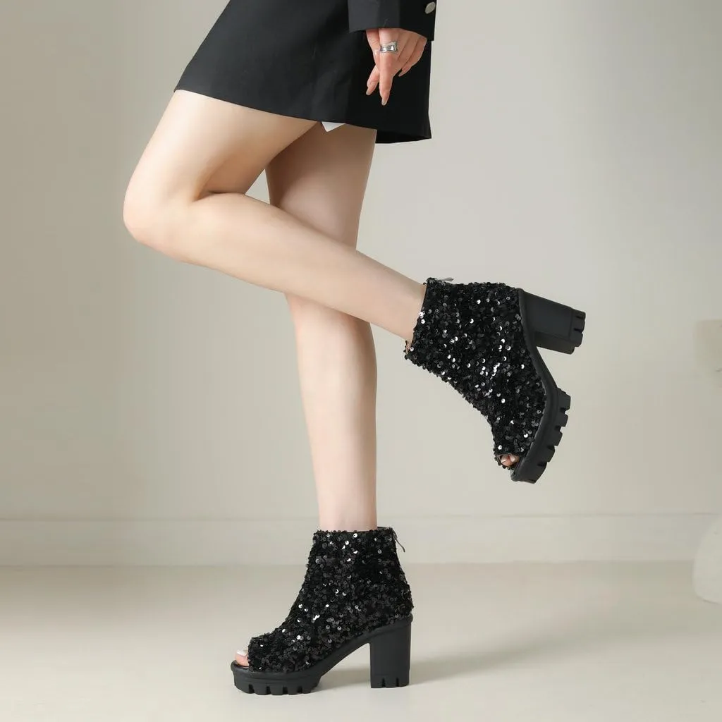 DINTAHA Sparkly Open Toe Booties Platform Peep Toe High Heel Ankle Boots Sequin Glitter Combat Boots