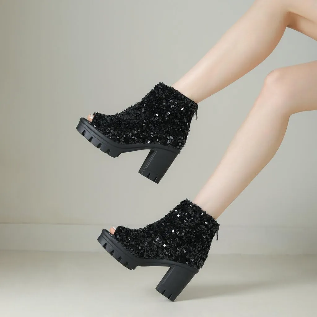 DINTAHA Sparkly Open Toe Booties Platform Peep Toe High Heel Ankle Boots Sequin Glitter Combat Boots