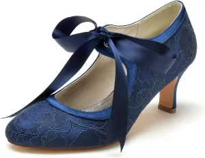 Dress First Women's Wedding Shoes Lace Satin High Heel Closed Toe Wedding Heels Bridal Shoes Ribbon Tie Wedding Lace-Up Shoes