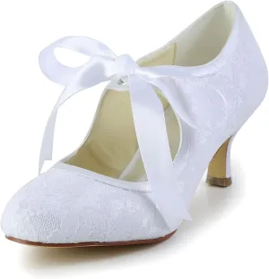 Dress First Women's Wedding Shoes Lace Satin High Heel Closed Toe Wedding Heels Bridal Shoes Ribbon Tie Wedding Lace-Up Shoes