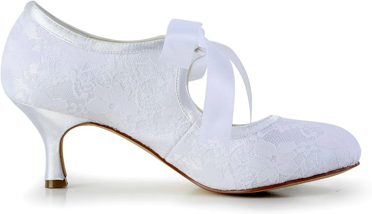 Dress First Women's Wedding Shoes Lace Satin High Heel Closed Toe Wedding Heels Bridal Shoes Ribbon Tie Wedding Lace-Up Shoes
