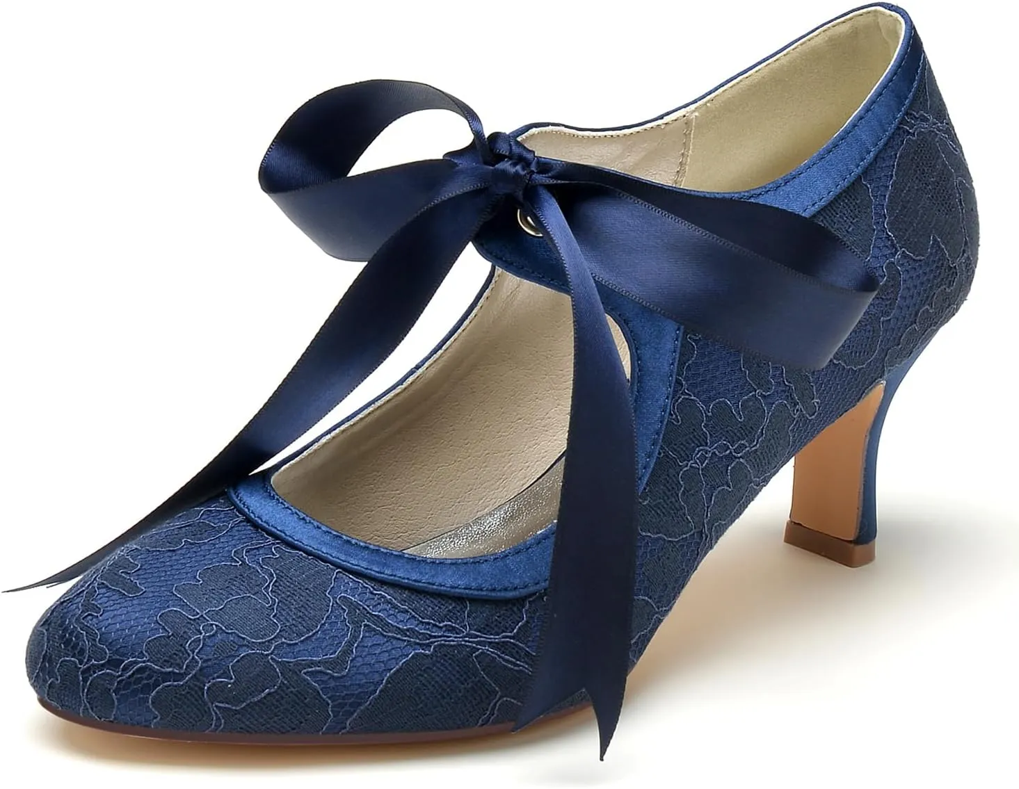 Dress First Women's Wedding Shoes Lace Satin High Heel Closed Toe Wedding Heels Bridal Shoes Ribbon Tie Wedding Lace-Up Shoes
