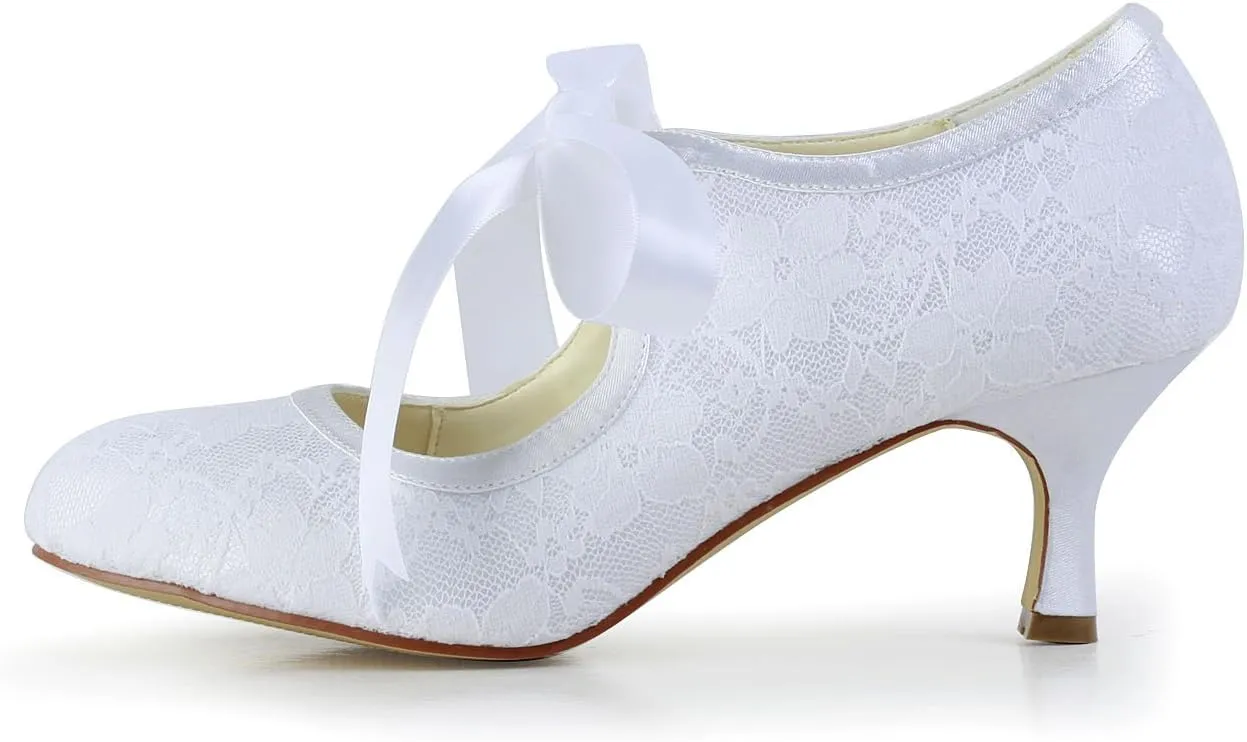 Dress First Women's Wedding Shoes Lace Satin High Heel Closed Toe Wedding Heels Bridal Shoes Ribbon Tie Wedding Lace-Up Shoes