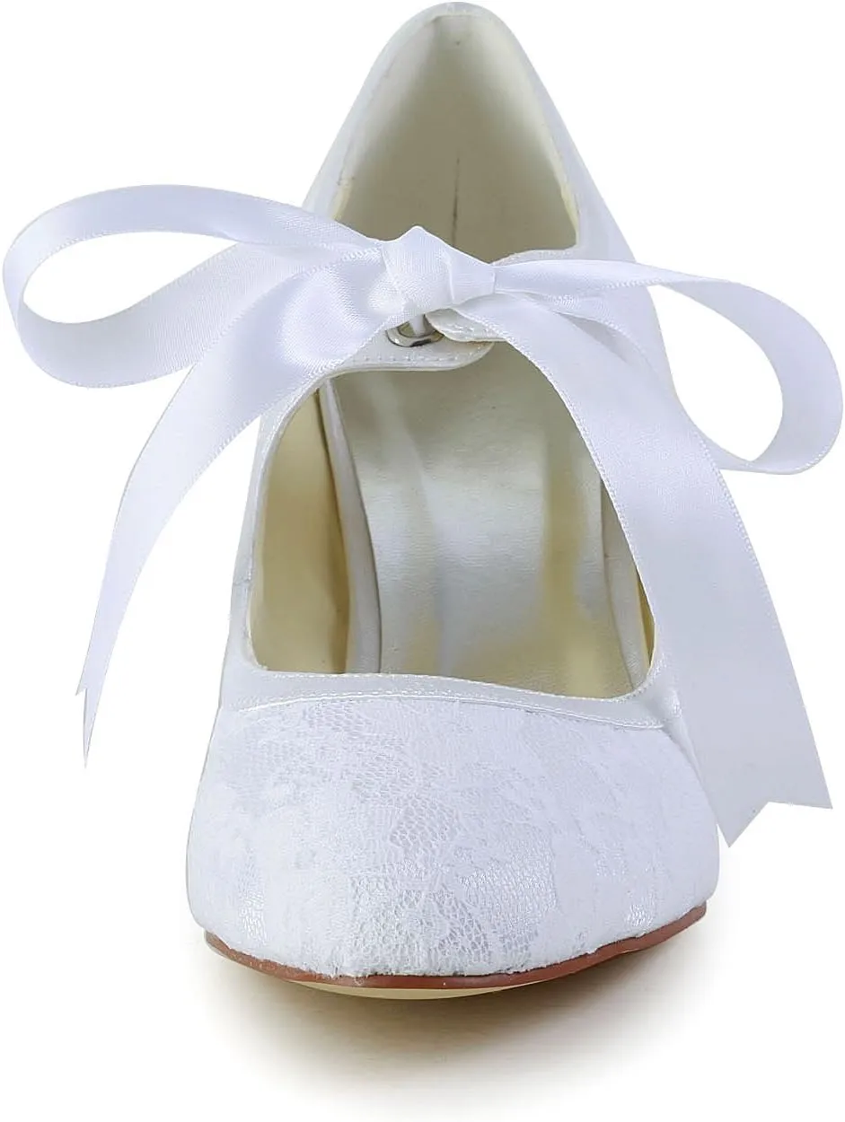 Dress First Women's Wedding Shoes Lace Satin High Heel Closed Toe Wedding Heels Bridal Shoes Ribbon Tie Wedding Lace-Up Shoes