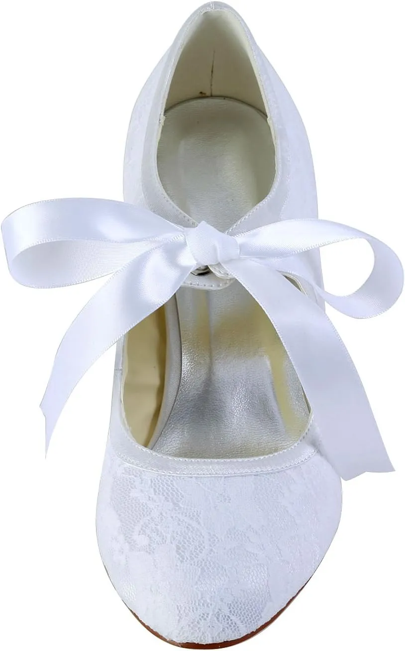Dress First Women's Wedding Shoes Lace Satin High Heel Closed Toe Wedding Heels Bridal Shoes Ribbon Tie Wedding Lace-Up Shoes