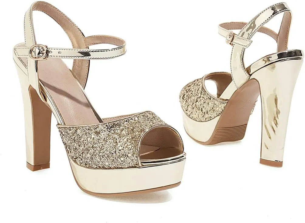 Elbslutt Women's High Heel Platform Chunky Sandals Glitter Peep Toe Ankle Strap Block Heeled Pumps