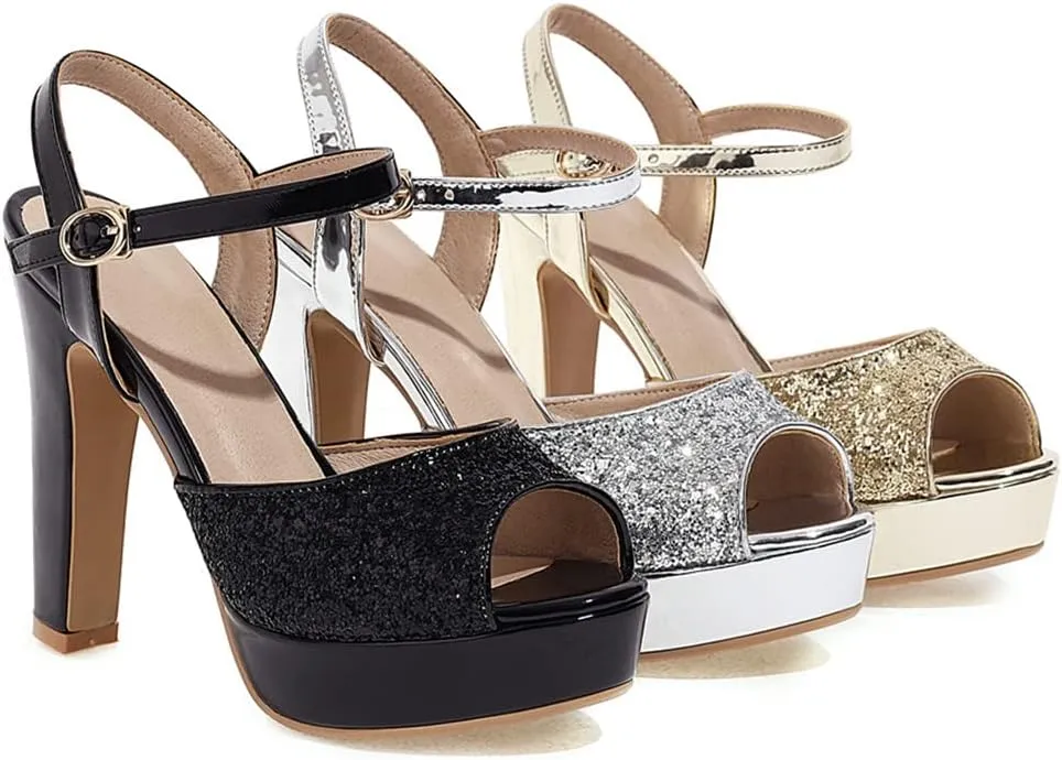 Elbslutt Women's High Heel Platform Chunky Sandals Glitter Peep Toe Ankle Strap Block Heeled Pumps
