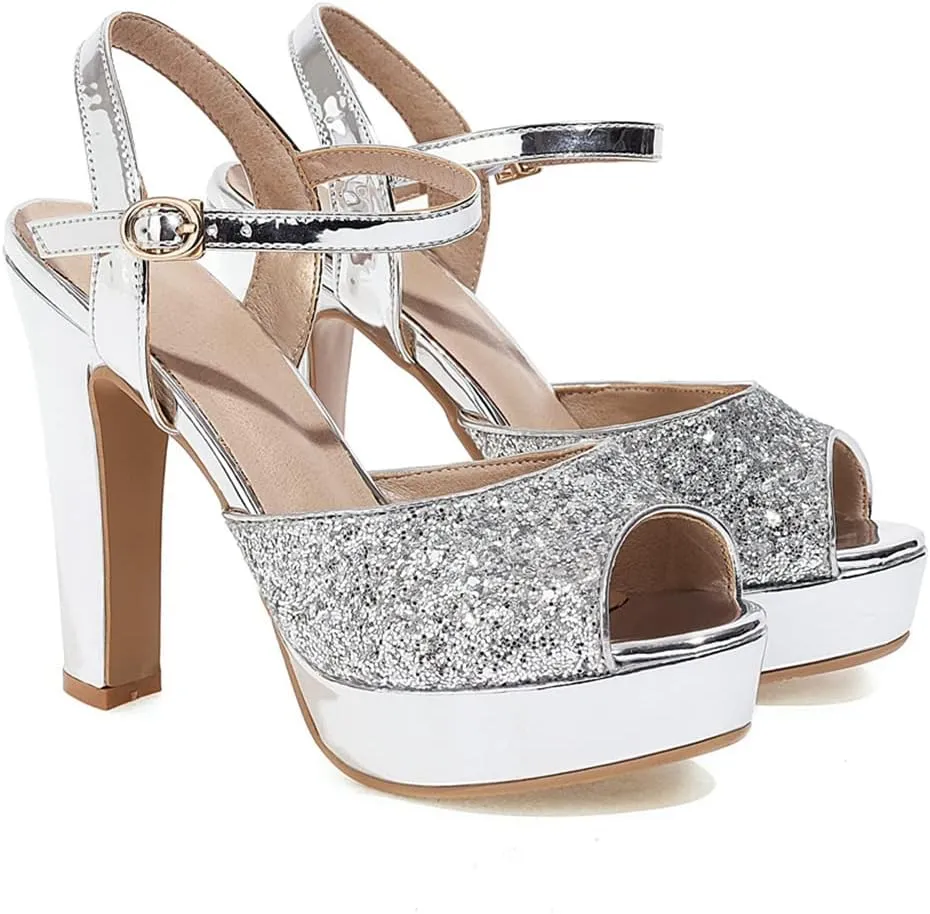 Elbslutt Women's High Heel Platform Chunky Sandals Glitter Peep Toe Ankle Strap Block Heeled Pumps