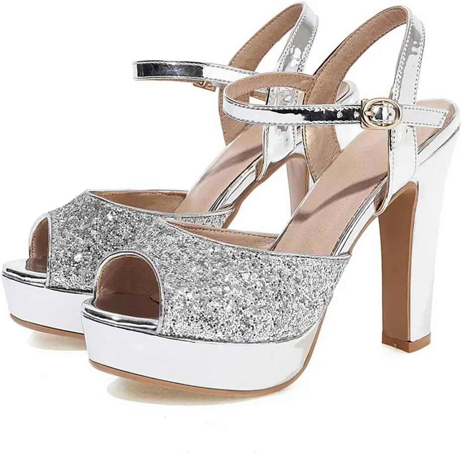 Elbslutt Women's High Heel Platform Chunky Sandals Glitter Peep Toe Ankle Strap Block Heeled Pumps