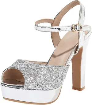Elbslutt Women's High Heel Platform Chunky Sandals Glitter Peep Toe Ankle Strap Block Heeled Pumps