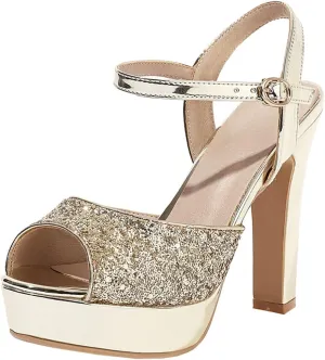 Elbslutt Women's High Heel Platform Chunky Sandals Glitter Peep Toe Ankle Strap Block Heeled Pumps