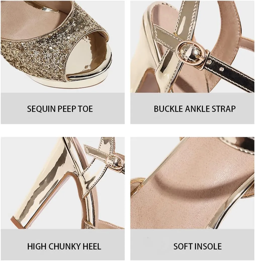 Elbslutt Women's High Heel Platform Chunky Sandals Glitter Peep Toe Ankle Strap Block Heeled Pumps