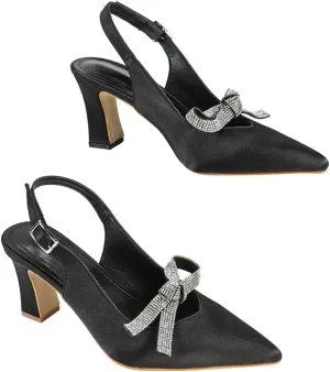 Elegant Black Satin Slingback Pumps for Women – Rhinestone Bow Closed-Toe High Heels with Adjustable Ankle Strap, Thick Heel Design, Perfect for Weddings, Banquets, and Formal Occasions