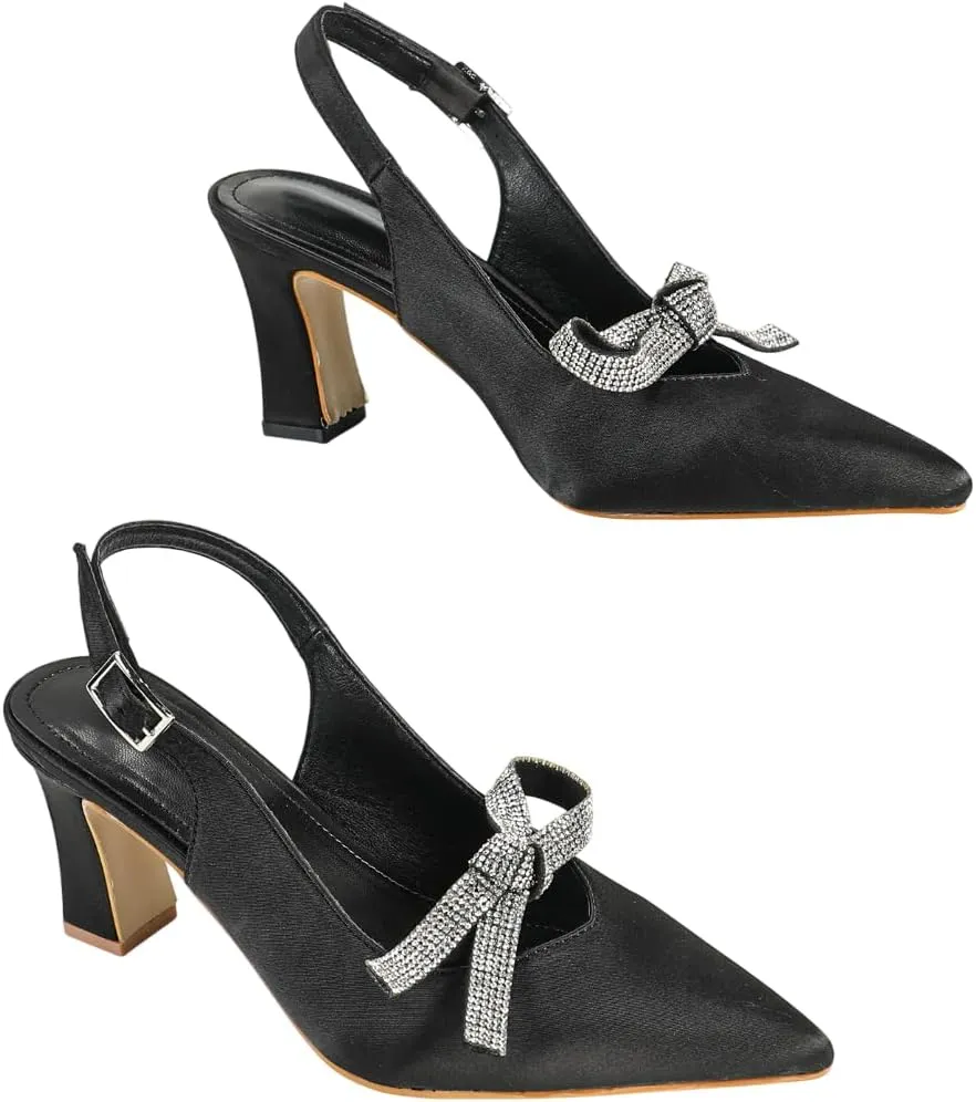 Elegant Black Satin Slingback Pumps for Women – Rhinestone Bow Closed-Toe High Heels with Adjustable Ankle Strap, Thick Heel Design, Perfect for Weddings, Banquets, and Formal Occasions