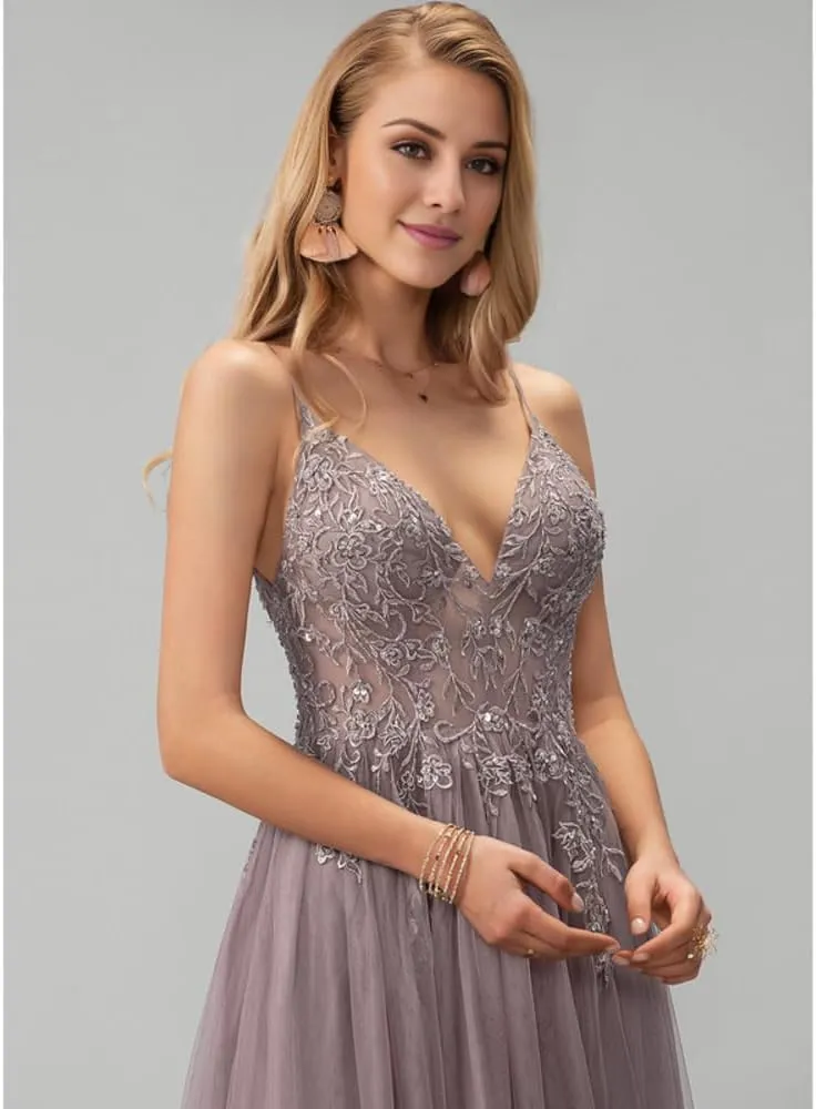 Elegant Lace Prom Dress 2025 Tulle A-Line Beading Sequins Floor-Length V-Neck Back Zip Leg Slit