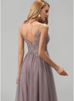 Elegant Lace Prom Dress 2025 Tulle A-Line Beading Sequins Floor-Length V-Neck Back Zip Leg Slit
