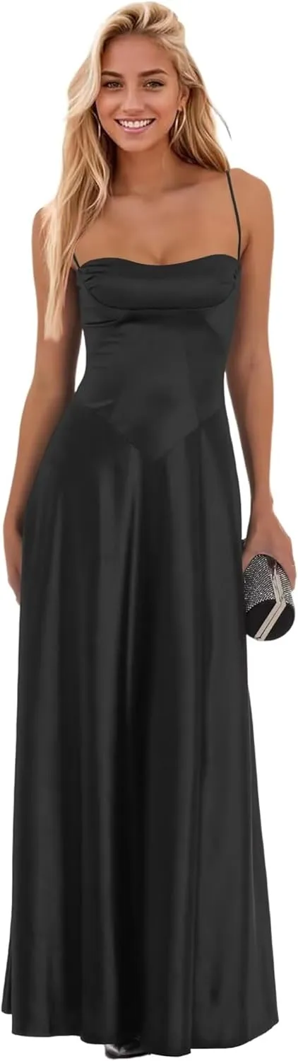 Elmiansly Spaghetti Straps Long Prom Dresses A Line Strapless Satin Formal Evening Party Gowns