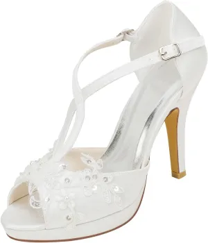 Emily Bridal 521-60A Women's Wedding Shoes T-Strap 3.94 Inches Stiletto Heel Satin Planform Pumps with Buckle Imitation Pearl Lace Flower Sequin Bridal Shoes