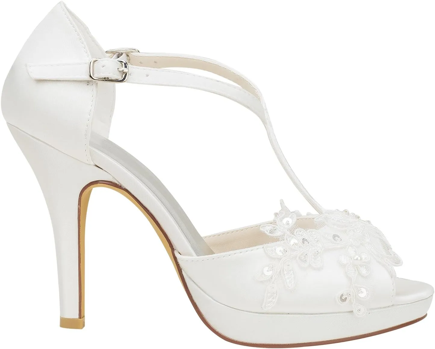 Emily Bridal 521-60A Women's Wedding Shoes T-Strap 3.94 Inches Stiletto Heel Satin Planform Pumps with Buckle Imitation Pearl Lace Flower Sequin Bridal Shoes