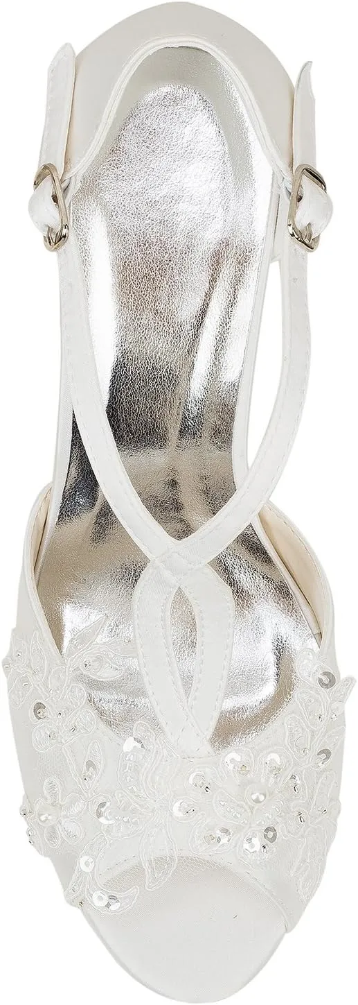 Emily Bridal 521-60A Women's Wedding Shoes T-Strap 3.94 Inches Stiletto Heel Satin Planform Pumps with Buckle Imitation Pearl Lace Flower Sequin Bridal Shoes