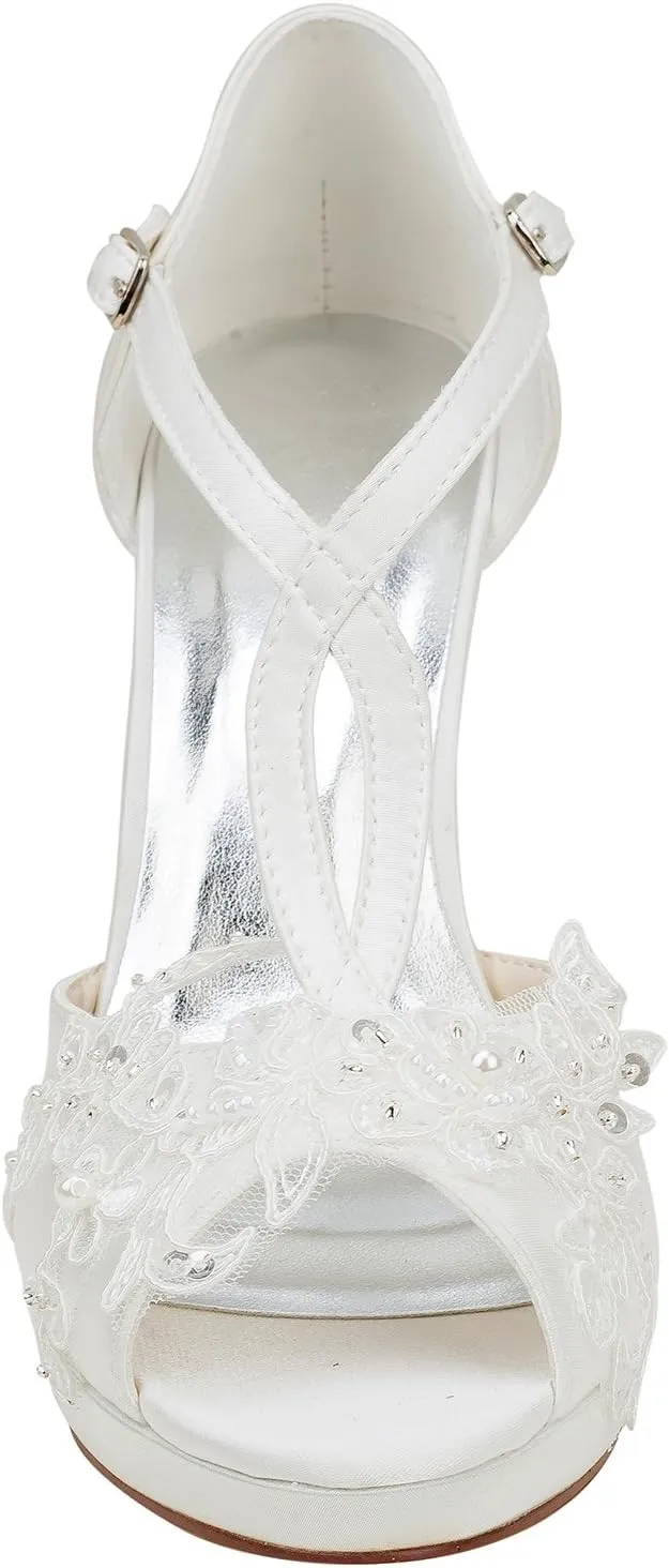 Emily Bridal 521-60A Women's Wedding Shoes T-Strap 3.94 Inches Stiletto Heel Satin Planform Pumps with Buckle Imitation Pearl Lace Flower Sequin Bridal Shoes