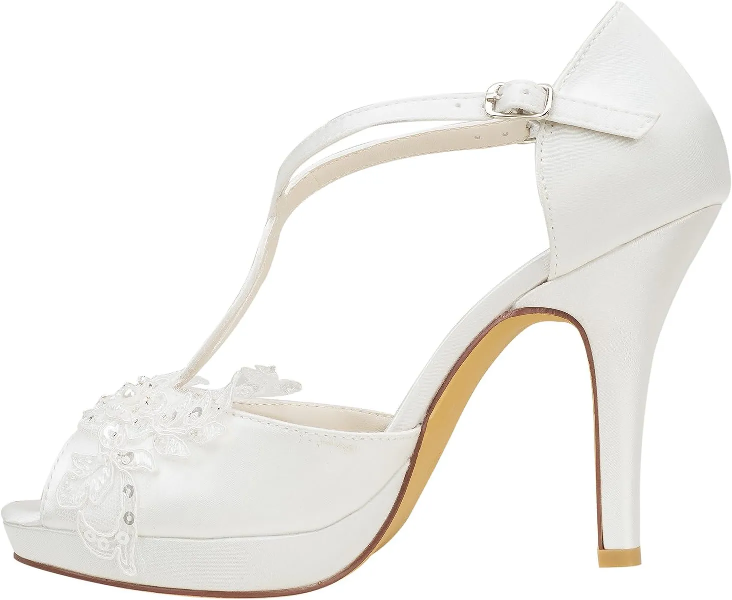 Emily Bridal 521-60A Women's Wedding Shoes T-Strap 3.94 Inches Stiletto Heel Satin Planform Pumps with Buckle Imitation Pearl Lace Flower Sequin Bridal Shoes
