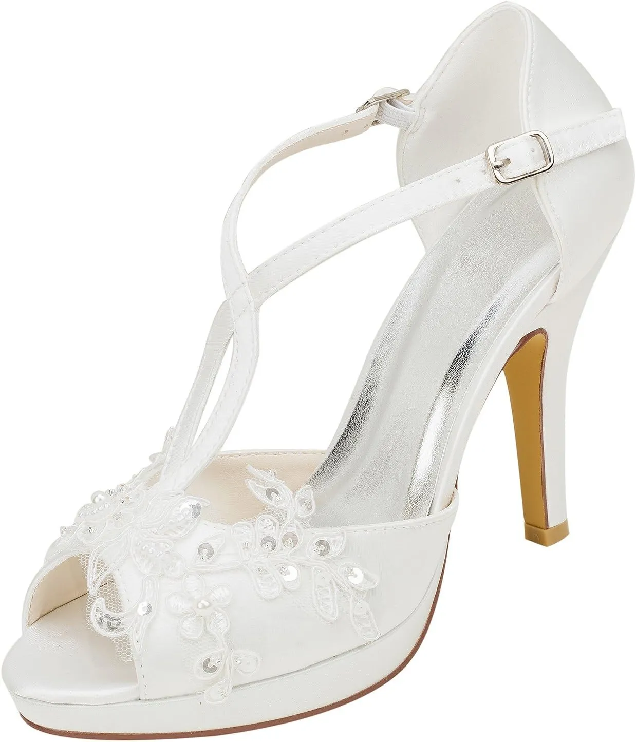 Emily Bridal 521-60A Women's Wedding Shoes T-Strap 3.94 Inches Stiletto Heel Satin Planform Pumps with Buckle Imitation Pearl Lace Flower Sequin Bridal Shoes