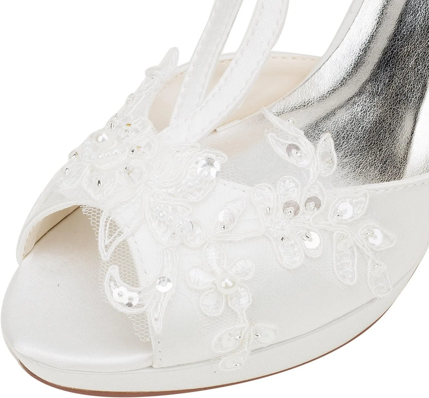 Emily Bridal 521-60A Women's Wedding Shoes T-Strap 3.94 Inches Stiletto Heel Satin Planform Pumps with Buckle Imitation Pearl Lace Flower Sequin Bridal Shoes